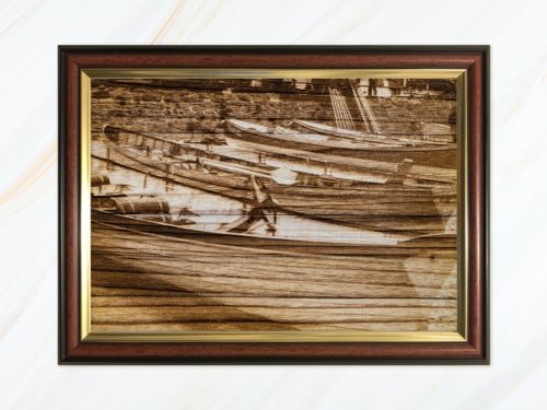 Wooden pyrograph of gigs on Town Beach 6
