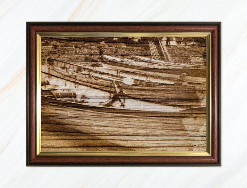 Wooden pyrograph of gigs on Town Beach 6