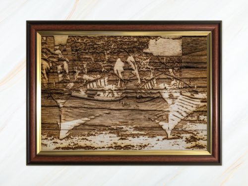 Wooden pyrograph of two gigs from behind