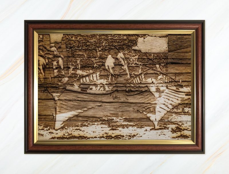 Wooden pyrograph of two gigs from behind
