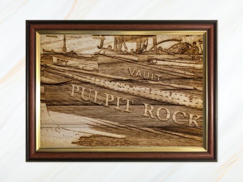 Wooden pyrograph of Pulpit Rock, Spy and Vault