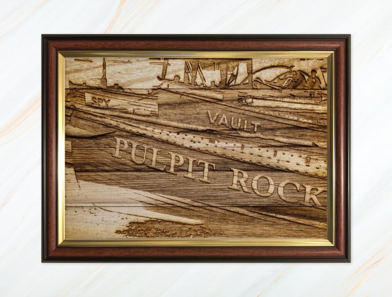 Wooden pyrograph of Pulpit Rock, Spy and Vault