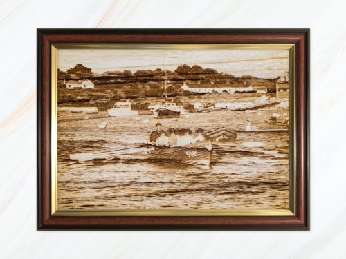 Wooden pyrograph of Shah in St Mary's Harbour