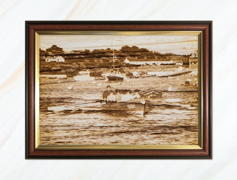 Wooden pyrograph of Shah in St Mary's Harbour