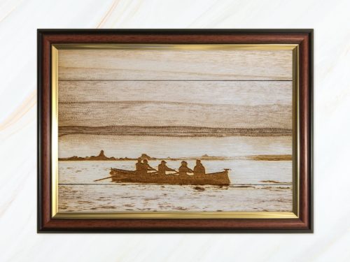 Wooden pyrograph of gig and Annet