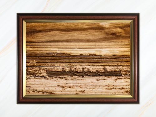 Wooden pyrograph of St Agnes start line