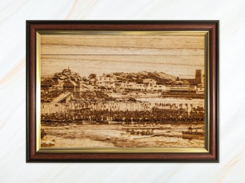 Wooden pyrograph of gigs rafting up