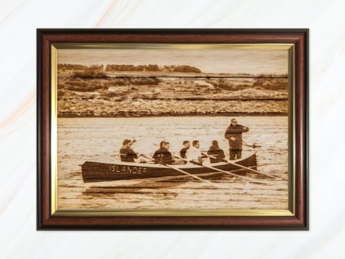 Wooden pyrograph of Islander