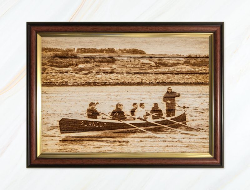 Wooden pyrograph of Islander