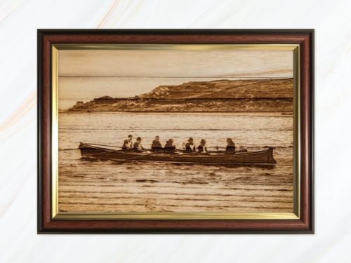 Wooden pyrograph of Leander