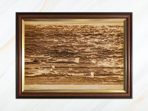 Wooden pyrograph of Ginette and Lark racing