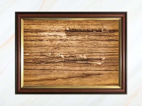 Wooden pyrograph of Shah racing