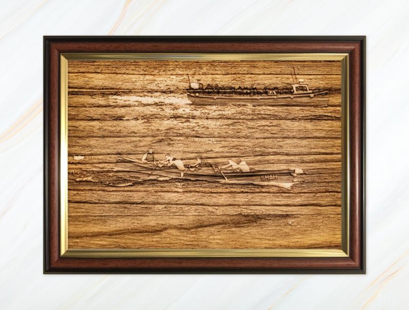 Wooden pyrograph of Shah racing