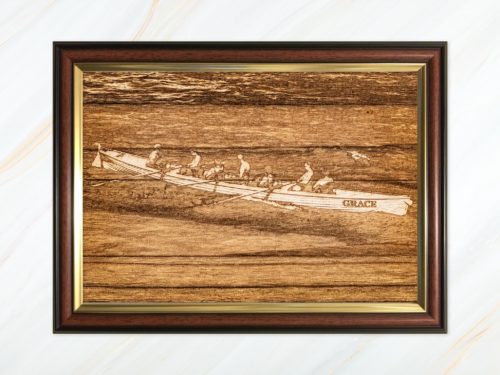 Wooden pyrograph of Grace racing