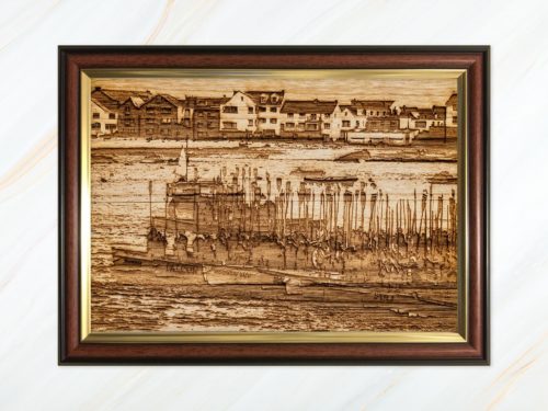 Wooden pyrograph of gigs rafting up