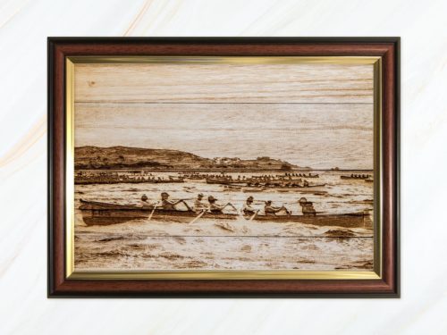 Wooden pyrograph of St Agnes start line