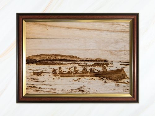 Wooden pyrograph of St Agnes start line