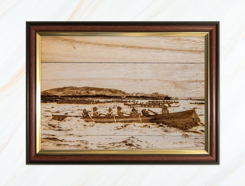 Wooden pyrograph of St Agnes start line
