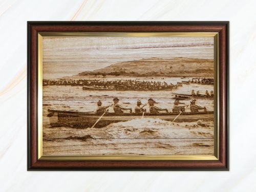 Wooden pyrograph of St Agnes start line