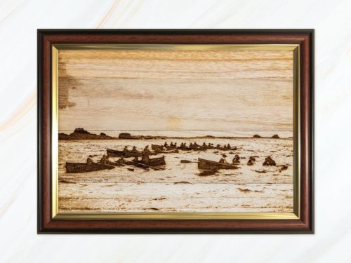 Wooden pyrograph of Faith and Fortitude racing