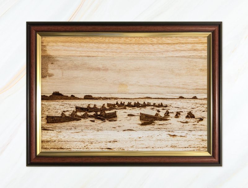 Wooden pyrograph of Faith and Fortitude racing