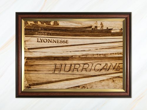Wooden pyrograph of Hurricane, Lyonnesse, Rhos and Fury