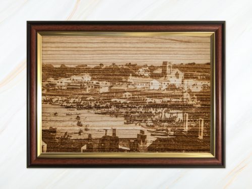 Wooden pyrograph of gigs along Town Beach