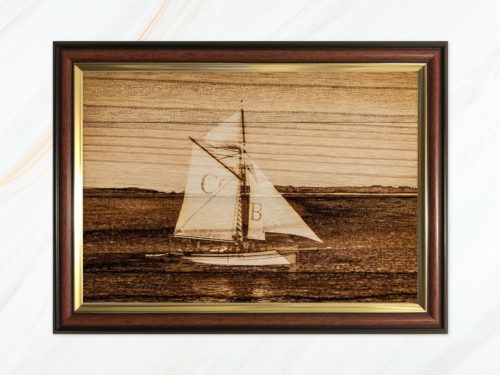 Wooden pyrograph of Bristol Cutter in Scilly