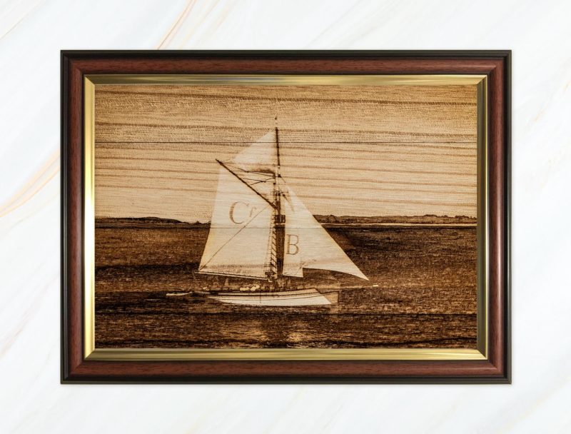 Wooden pyrograph of Bristol Cutter in Scilly
