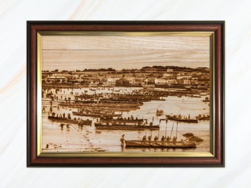 Wooden pyrograph of gigs along Town Beach