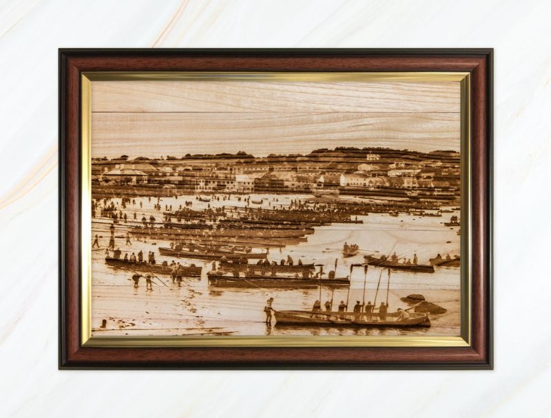 Wooden pyrograph of gigs along Town Beach