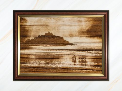 Wooden pyrograph of St Michael’s Mount 1