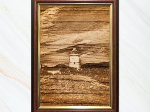 Wooden pyrograph of St Agnes lighthouse