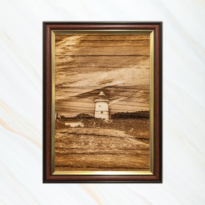 Wooden pyrograph of St Agnes lighthouse