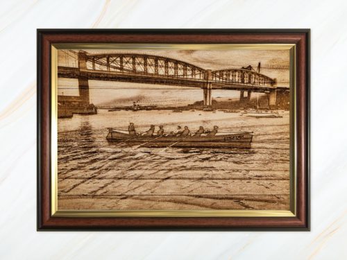 Wooden pyrograph of Tamar Bridge with gigs