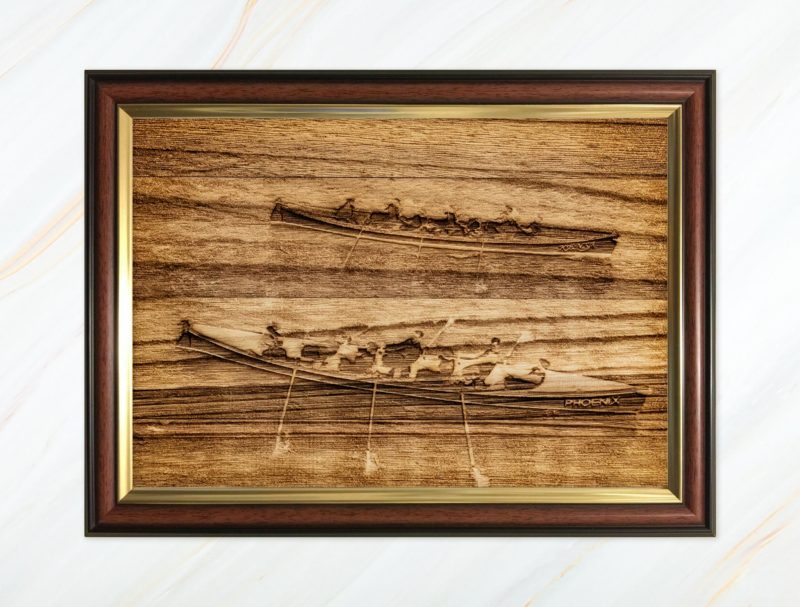 Wooden pyrograph of two gigs racing
