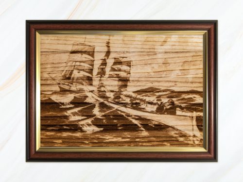 Wooden pyrograph of Sussex and square rigger